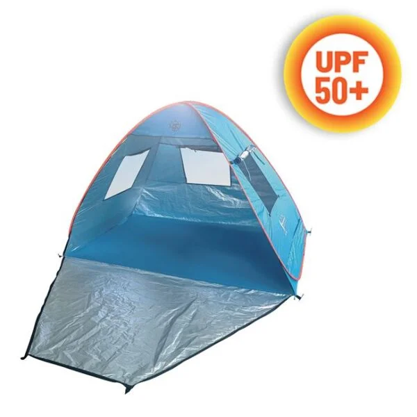 Cort pentru Plaja si Picnic, 2 persoane, Pop-Up, Protectie UV 50+, Albastru cu Ferestre, 200x120x130cm, CPP-2P-P-PUV50-02