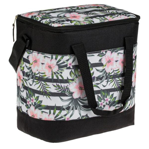Geanta Izoterma, Neagra cu Dungi Albe, Model Floral, 28x18x30cm, 15 Litri, GI-NDAMF-15L-04