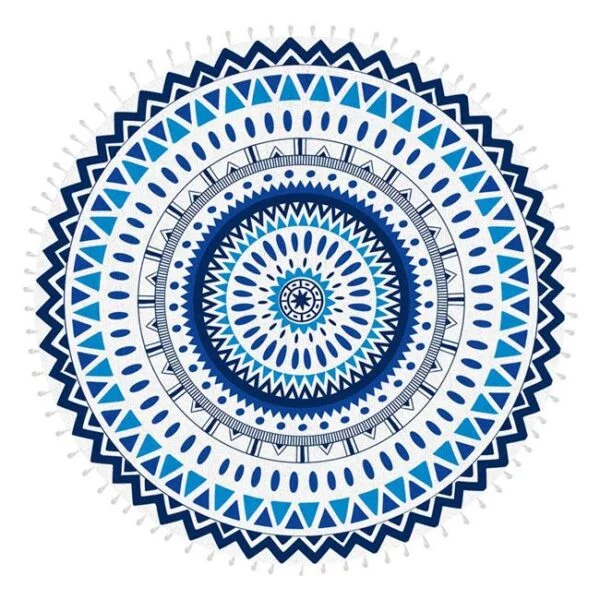 Prosop Rotund pentru Plaja, Albastru cu Alb, Franjuri, Model Aztec, 150cm, PRP-MAF-10
