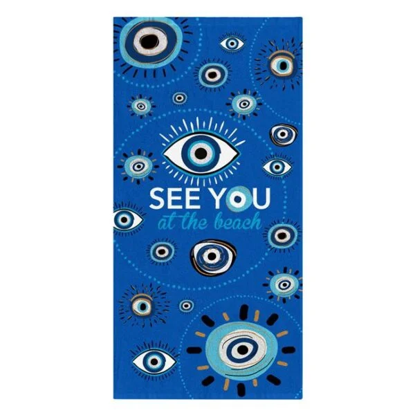 Prosop din Bumbac pentru Plaja, Albastru, Model Ochi, Mesaj See You At The Beach, 75x150 cm, PBP-OSYATB-05