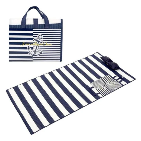 Rogojina Plaja tip Geanta, cu Perna Gonflabila, Bleumarin cu Dungi, 180x86cm, RP-BD-07