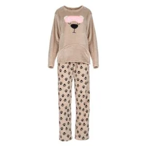 Set Pijama de Iarna, pentru Femei, Fleece, Bej, Model Urs, cu Buzunar, SPIF-03, Unlimited Flow Shop 01