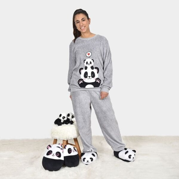 Set Pijama de Iarna, pentru Femei, Fleece, Gri, Panda, SPIF-01, Unlimited Flow Shop 01